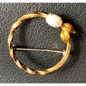 Vintage Krementz Opal Brooch 14K Gold Overlay Pin in Original Box Leaf